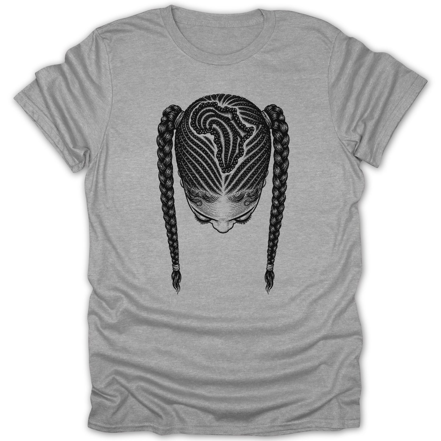 T-shirt featuring a black graphic of a person's head with braided hair.