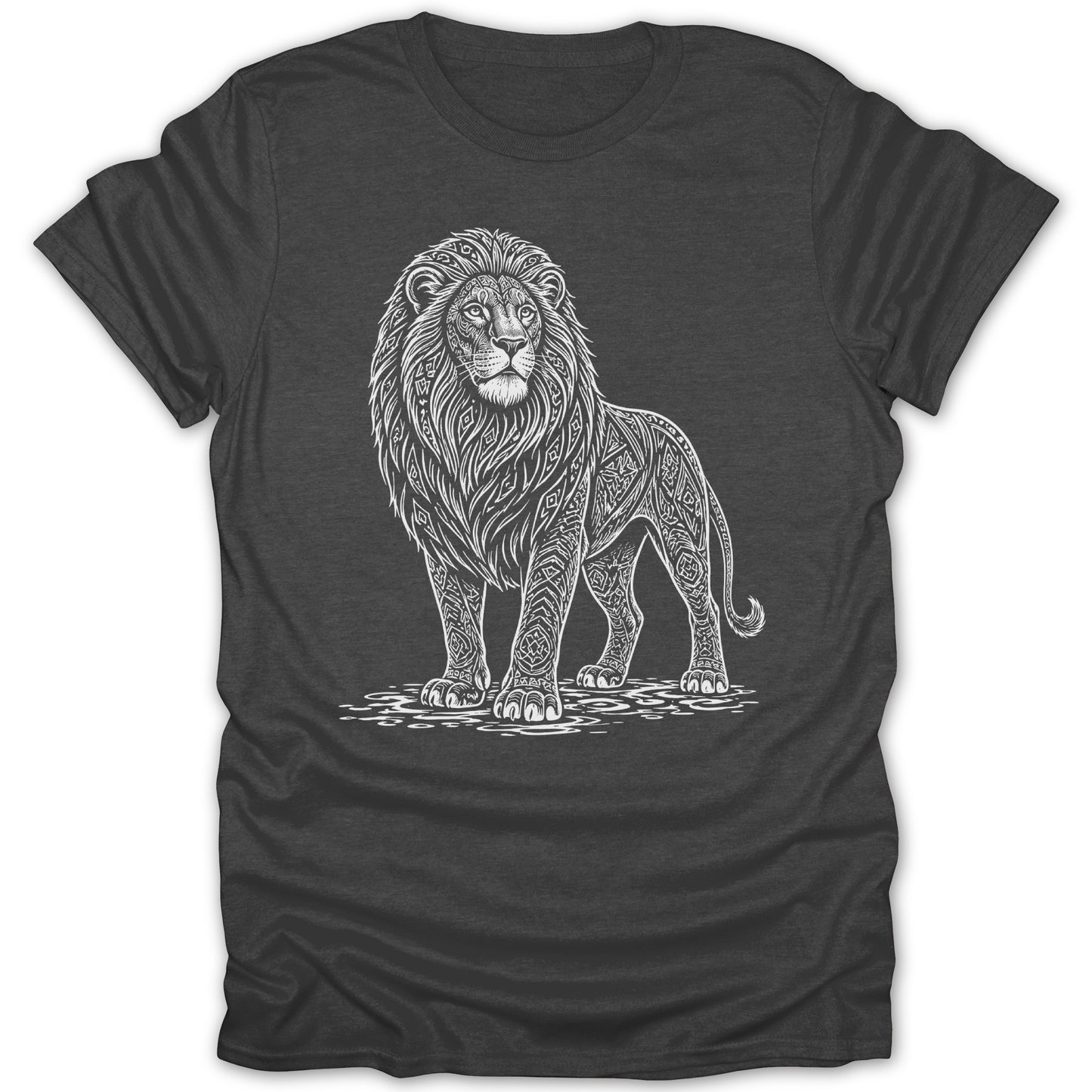 Dark gray t-shirt with a white line art drawing of a lion with ornate tribal patterns.