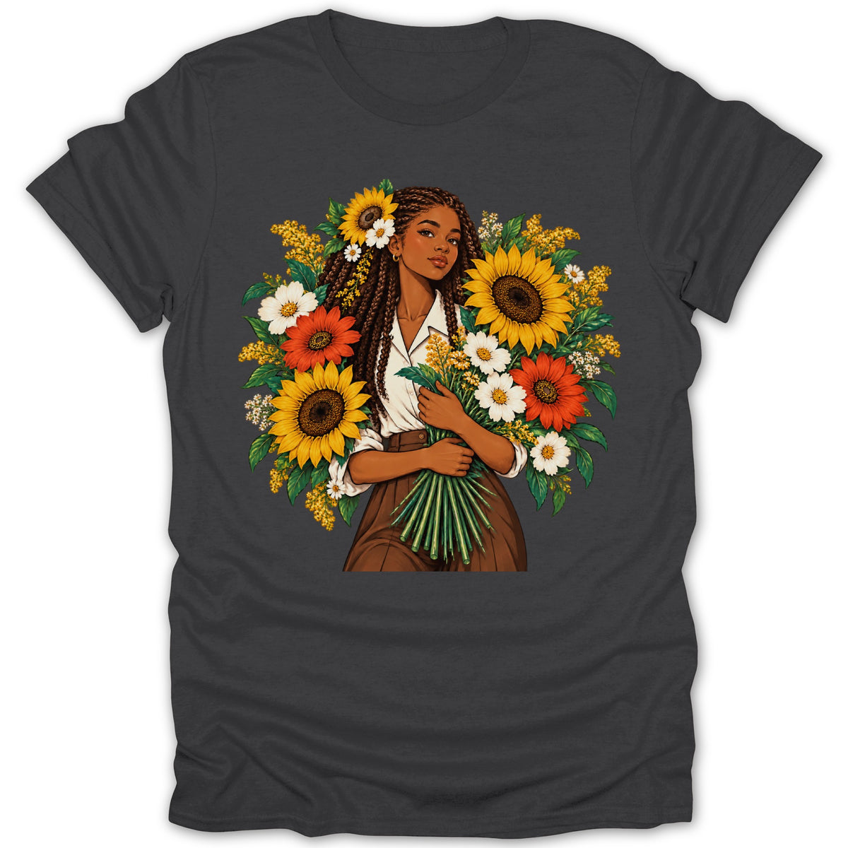 Woman with braided hair holding bouquet surrounded by sunflowers and other flowers.