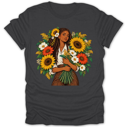 Woman with braided hair holding bouquet surrounded by sunflowers and other flowers.