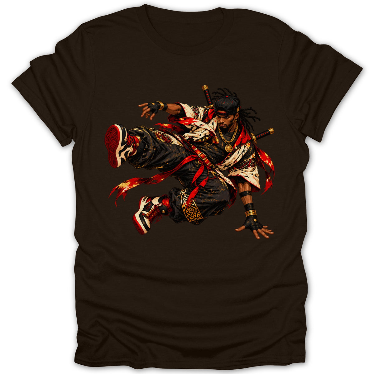 Brown t-shirt with a black and red graphic of a jumping samurai dancer with swords.