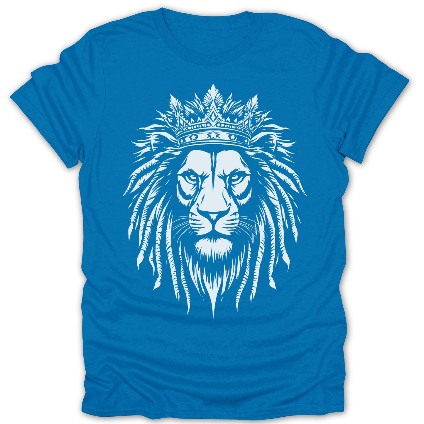 White lion head with crown and feathered mane on a royal blue t-shirt.