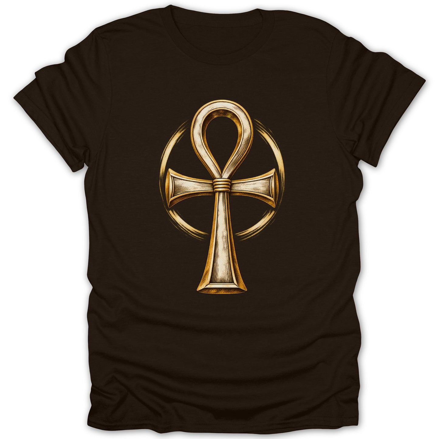 Brown t-shirt with a golden ankh symbol and a circular halo design.