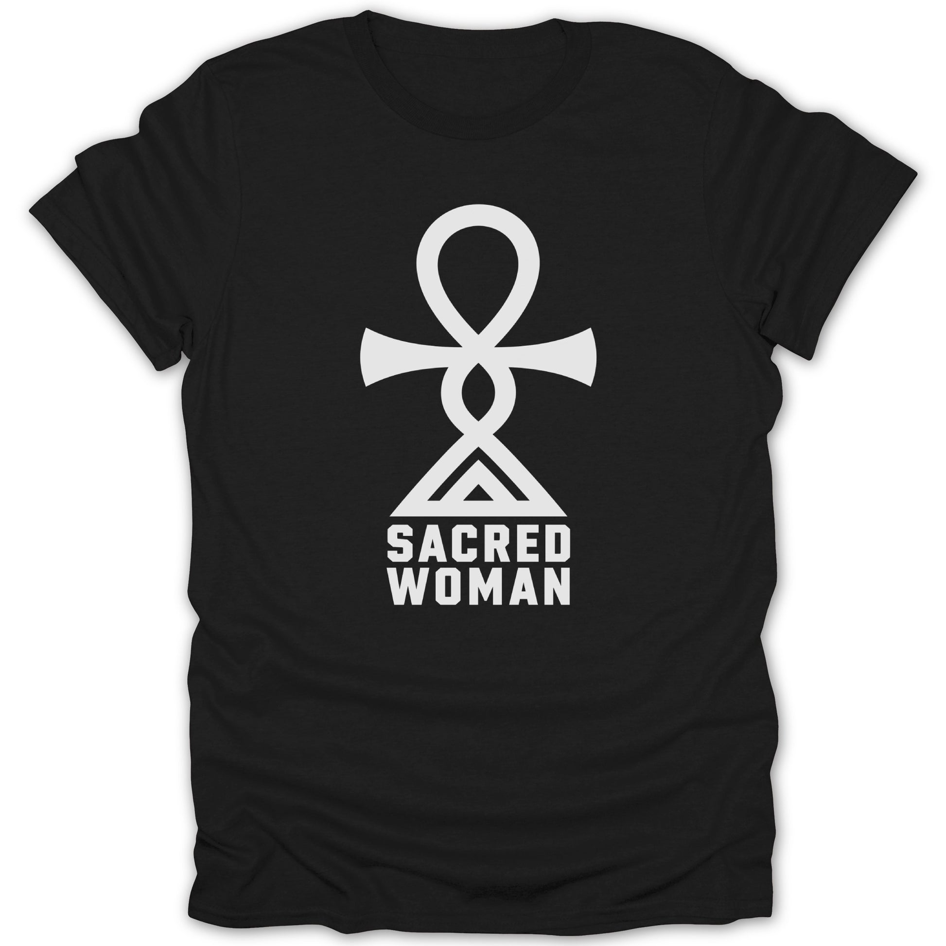 Black t-shirt with white Ankh symbol and "SACRED WOMAN" text.