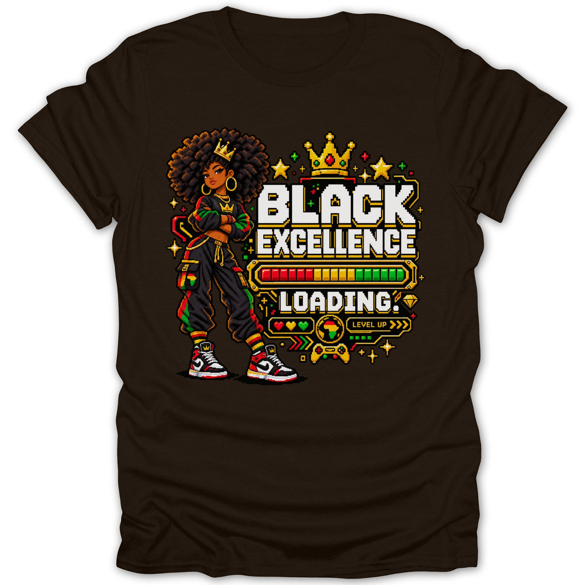 Pixel art of a crowned Black woman with text "BLACK EXCELLENCE LOADING."