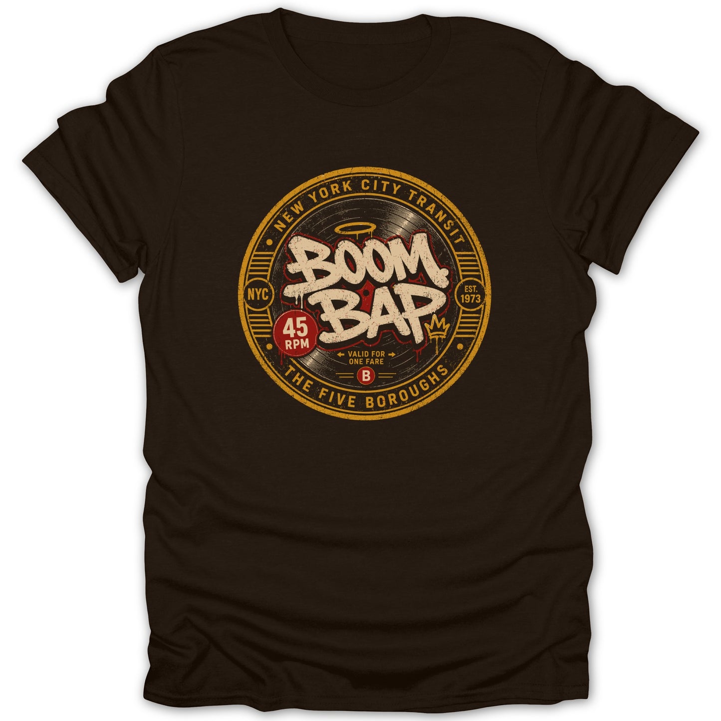 Brown t-shirt with a circular design featuring "Boom Bap", "New York City Transit", and "The Five Boroughs".