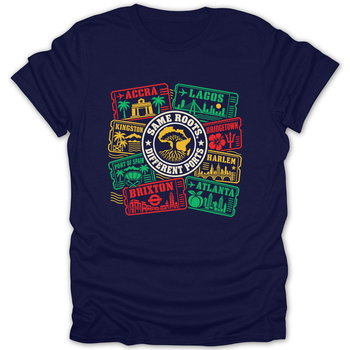 Navy t-shirt with "Same Roots Different Ports" graphic featuring cities and landmarks.