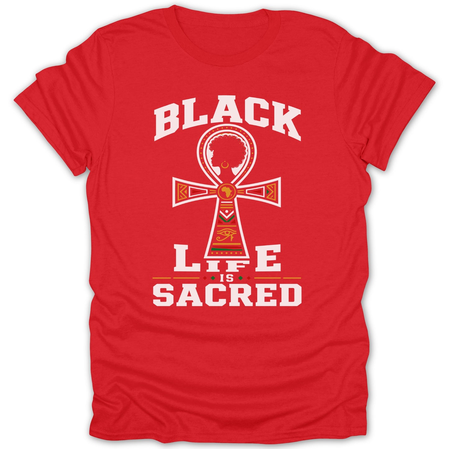 Red t-shirt with "BLACK LIFE IS SACRED" and an ankh symbol.