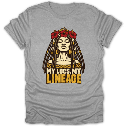 Heather grey crewneck t-shirt featuring a graphic illustration of a Black woman with locs and the text MY LOCS, MY LINEAGE.