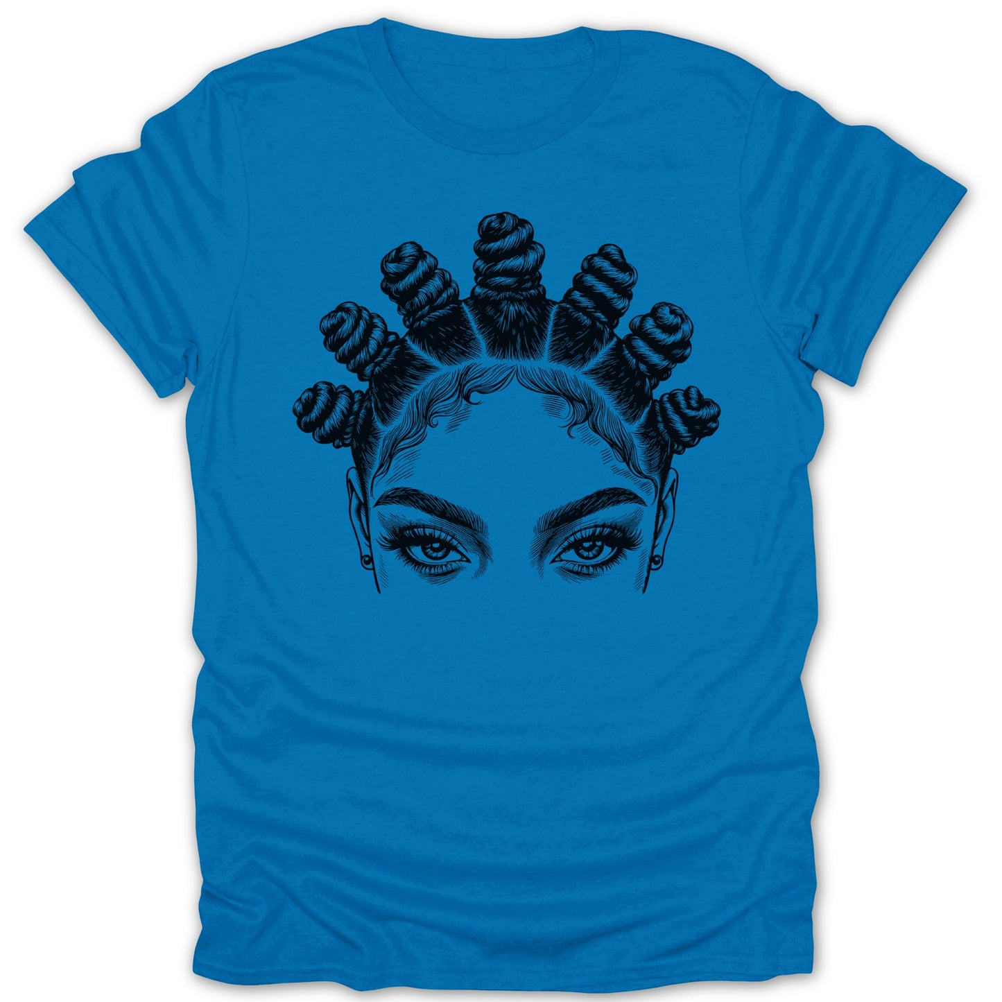 Black line art of a woman's eyes and top knot hairstyle on a blue t-shirt.