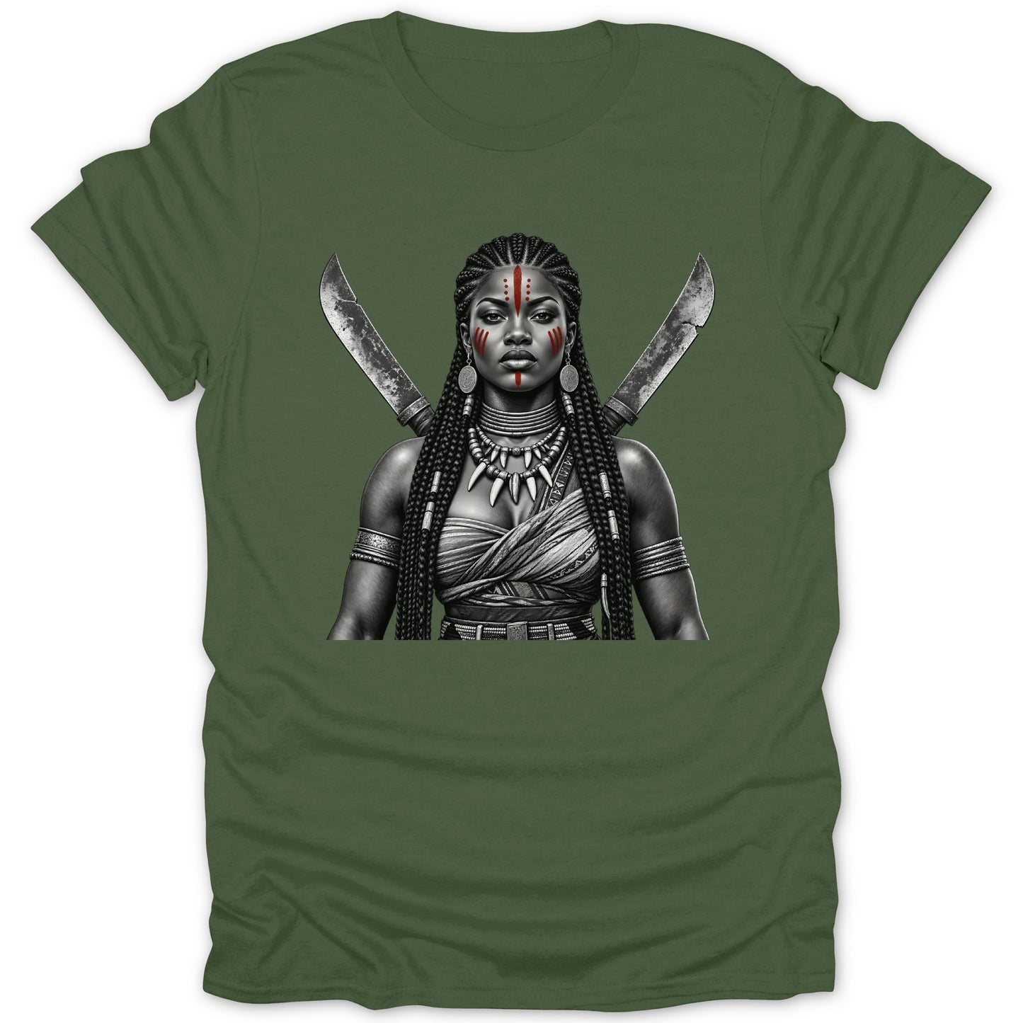 Warrior woman with face paint and crossed knives on olive green t-shirt.