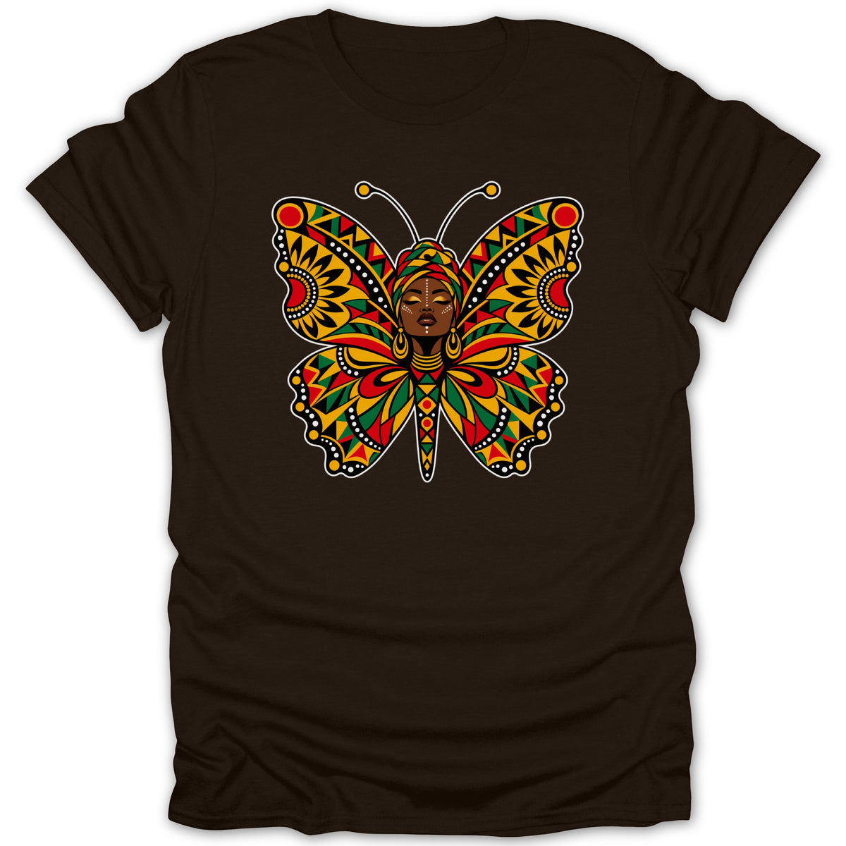 Brown t-shirt with a colorful butterfly design featuring an African woman's face.