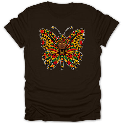 Brown t-shirt with a colorful butterfly design featuring an African woman's face.