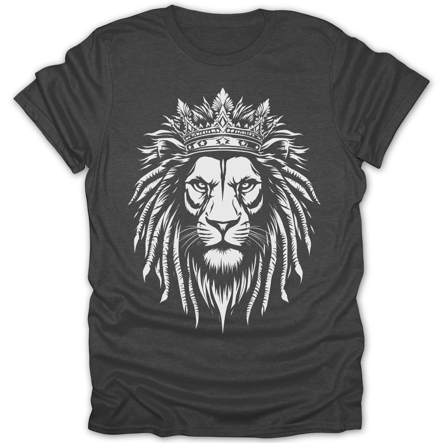 Dark gray t-shirt with a white graphic of a lion wearing a crown.