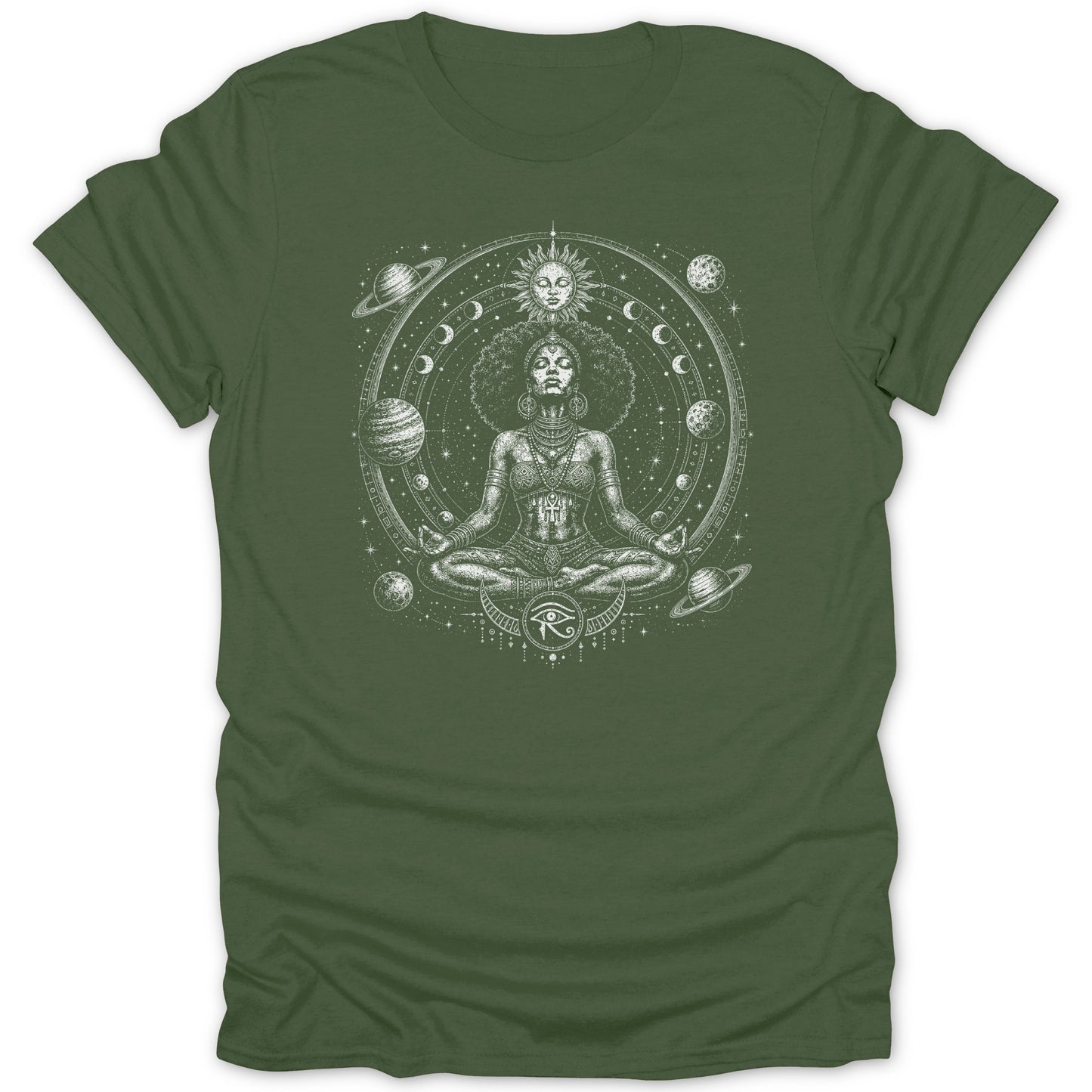 T-shirt with drawing of woman meditating surrounded by planets and celestial symbols.