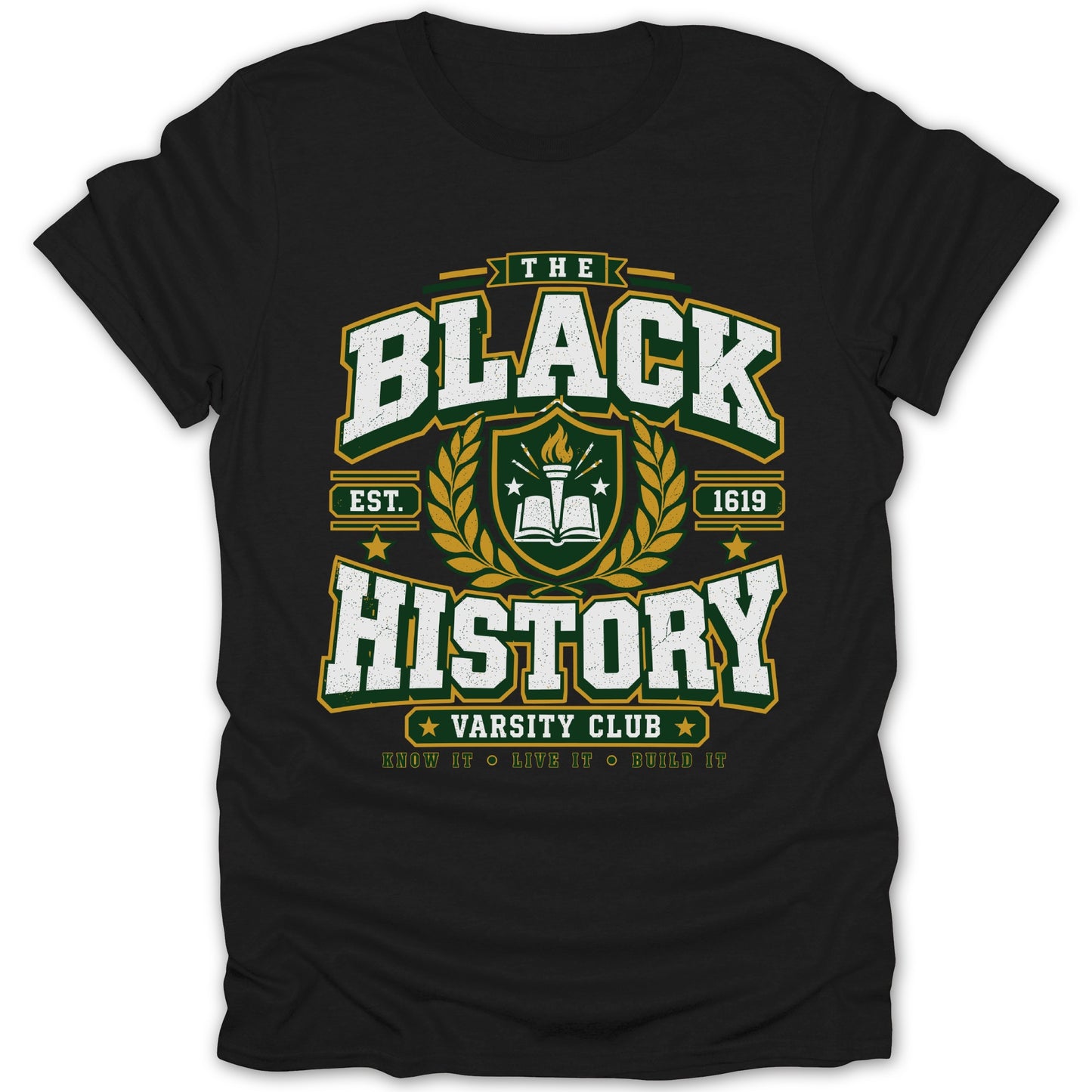 Black History Varsity Club t-shirt with Est. 1619 and motto Know It, Live It, Build It.