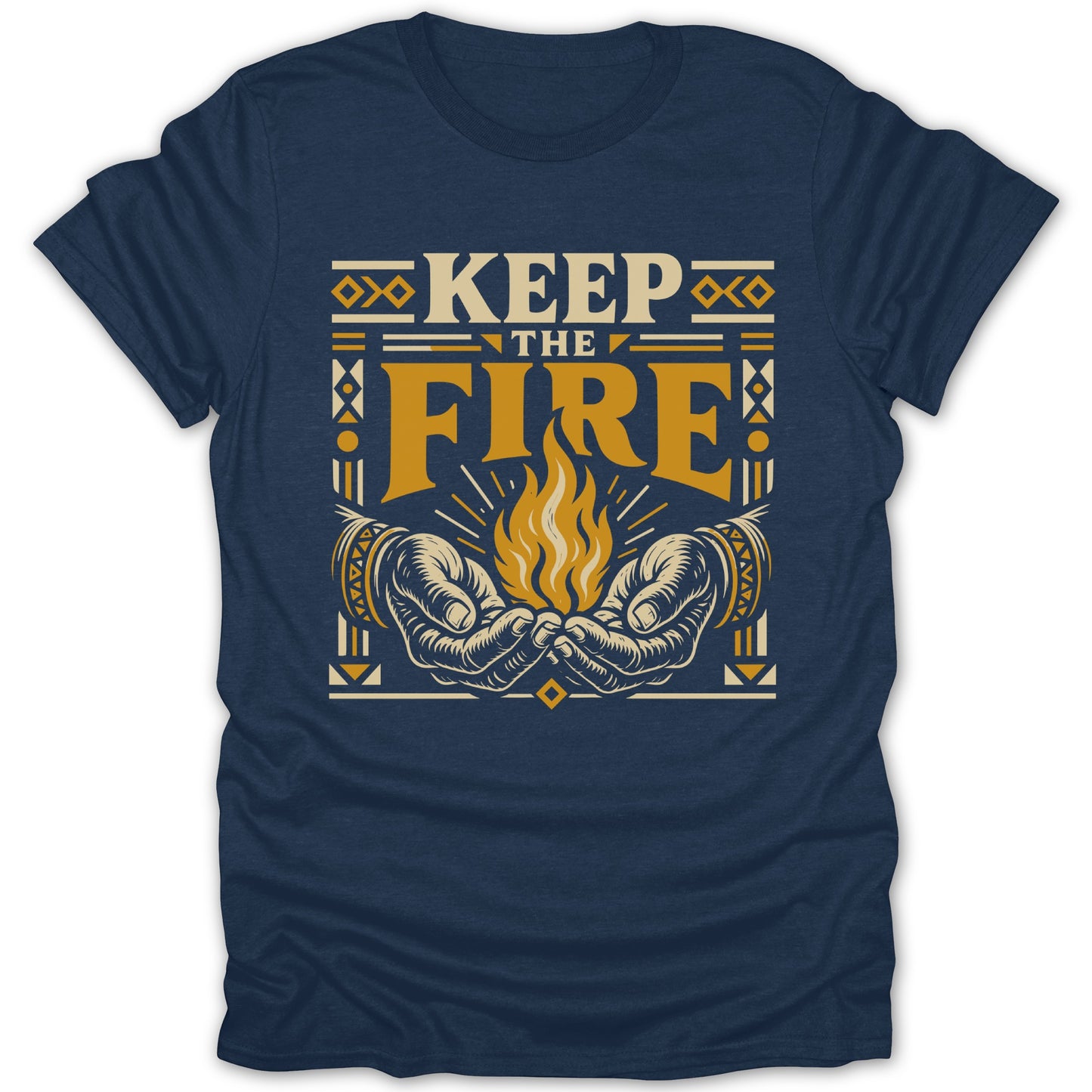 Navy t-shirt with "KEEP THE FIRE" text and stylized hands holding a flame.