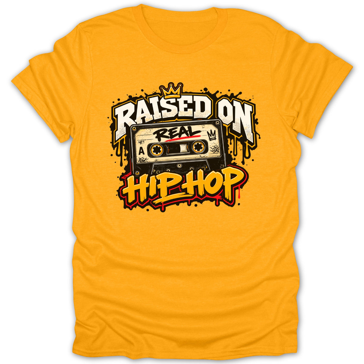 Yellow t-shirt with "Raised On Real Hip Hop" text and cassette tape graphic.