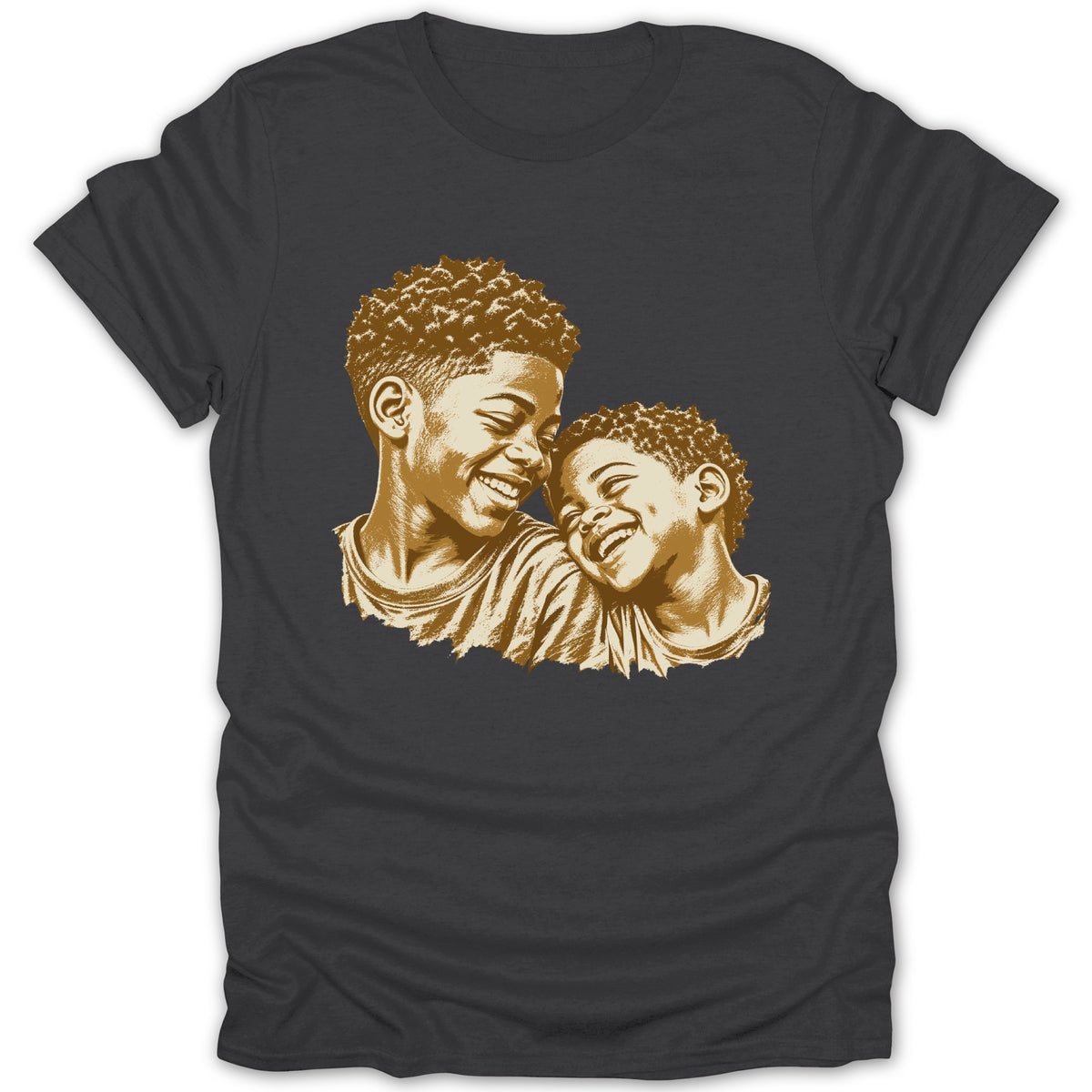 Line art of two young brothers smiling and embracing on a dark gray t-shirt.