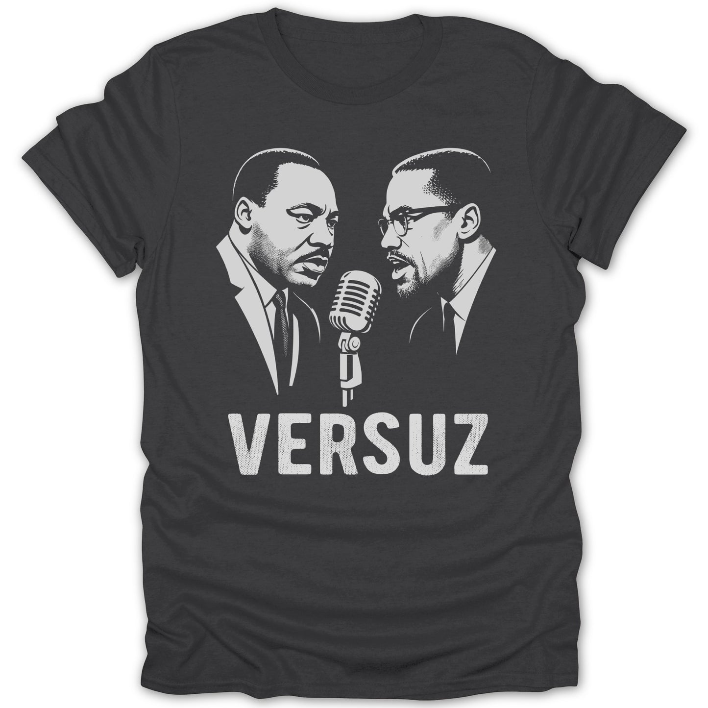 Martin Luther King Jr. and Malcolm X facing each other over a microphone with "VERSUZ" text.