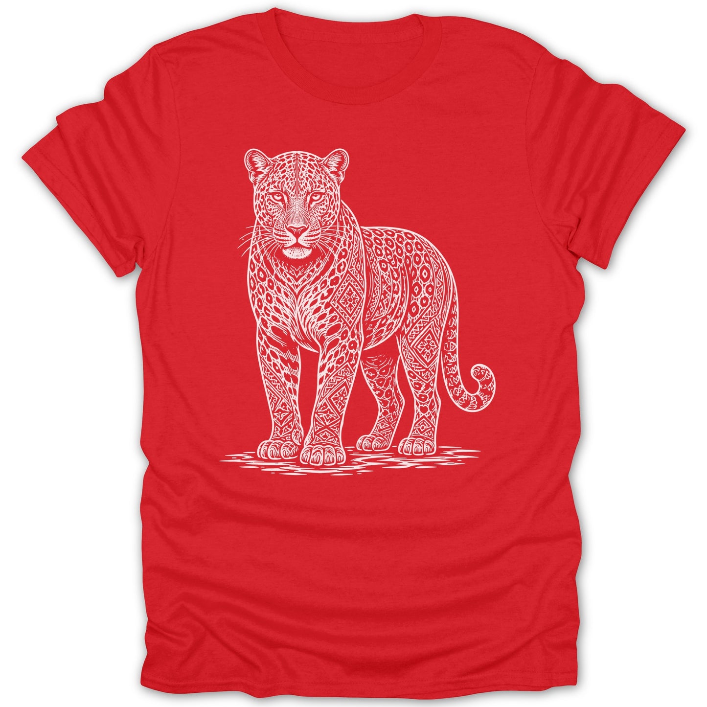 Red t-shirt with white tribal leopard graphic.