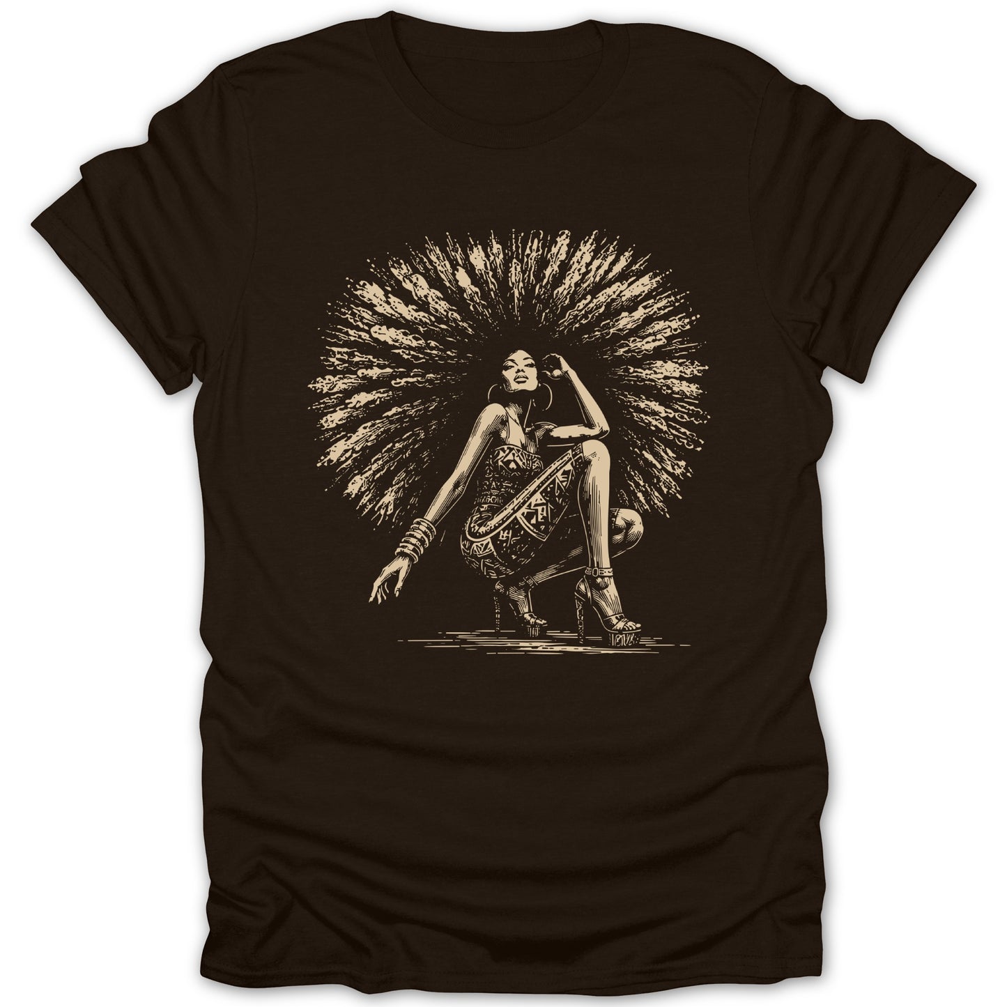 T-shirt with graphic of a woman with large afro, crouching, wearing patterned dress and heels.