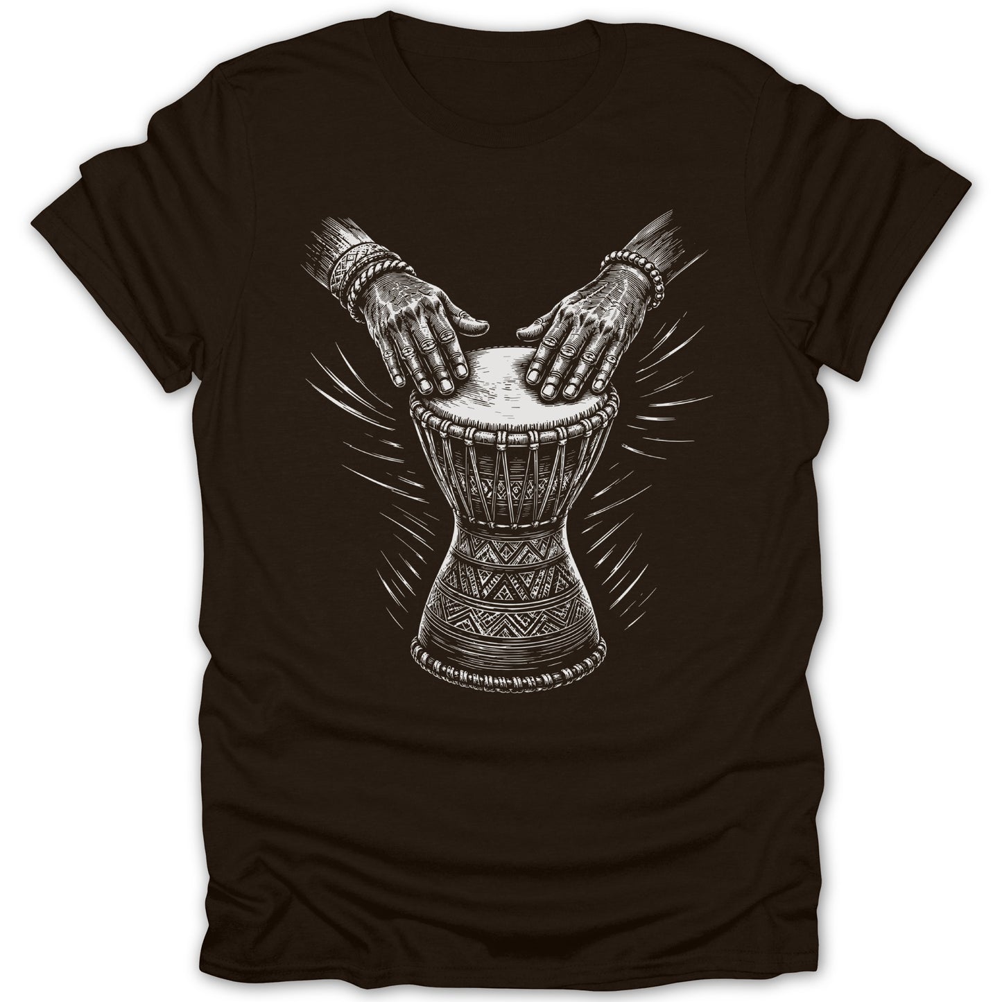 Illustration of hands playing a djembe drum with patterned accents.