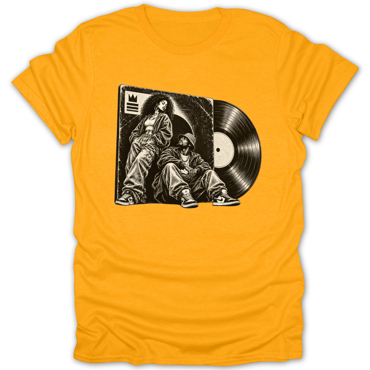 Graphic on yellow t-shirt depicts a vinyl record and two people in streetwear.