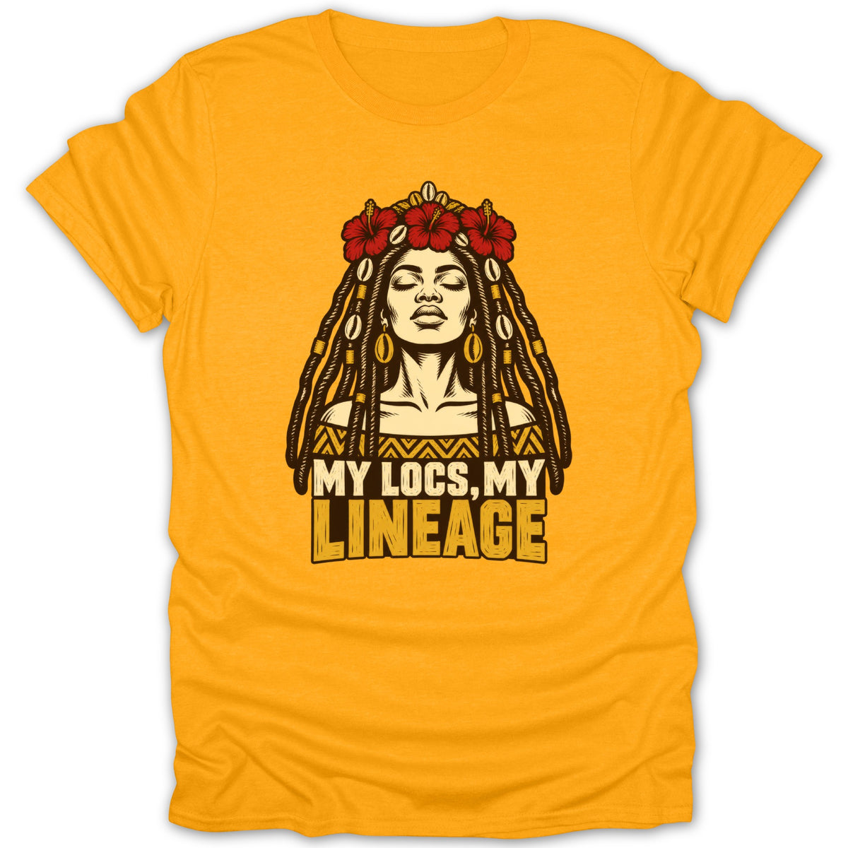 Bright yellow short-sleeved t-shirt featuring a black and yellow illustration of a woman with locs and the text MY LOCS, MY LINEAGE.