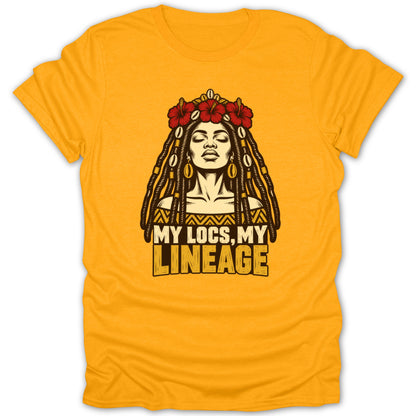 Bright yellow short-sleeved t-shirt featuring a black and yellow illustration of a woman with locs and the text MY LOCS, MY LINEAGE.