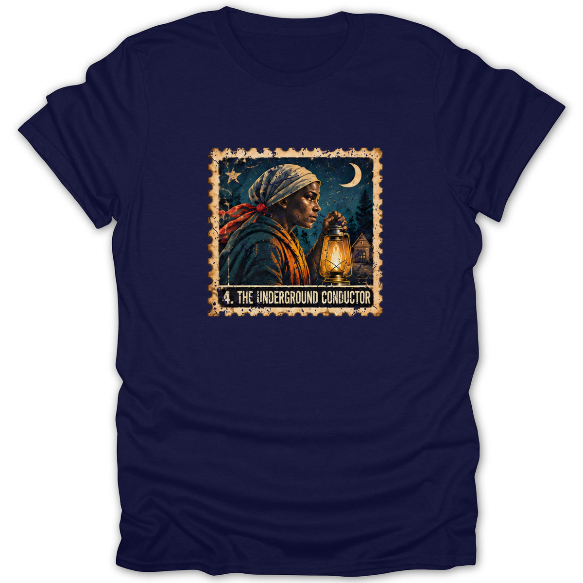 A navy blue crewneck t-shirt featuring a vintage postage stamp graphic of a woman holding a lantern beneath a crescent moon, with text reading "4. THE UNDERGROUND CONDUCTOR."