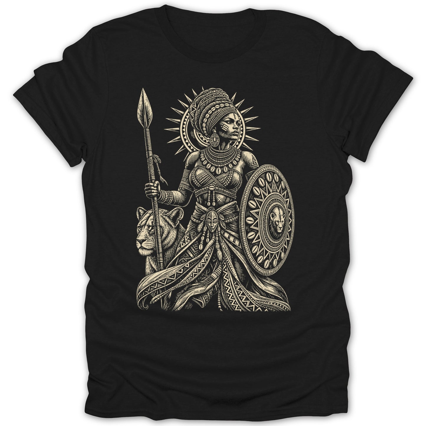 Black t-shirt with a detailed illustration of a warrior woman and a lion.