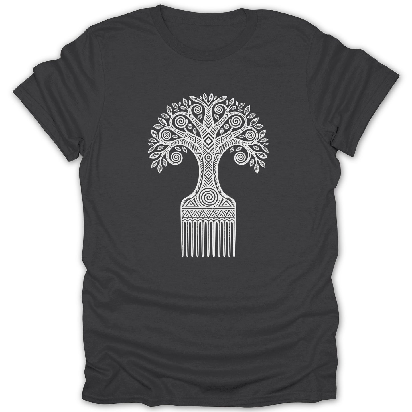 Dark t-shirt with white tree of life design integrated with a comb.