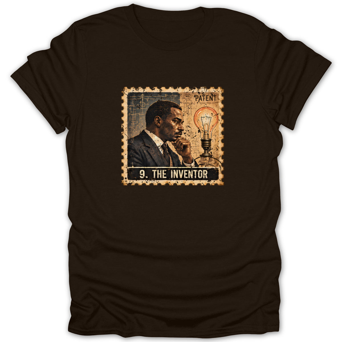 A dark brown t-shirt featuring a vintage postage stamp design with a thoughtful man and a lightbulb labeled "9. The Inventor."