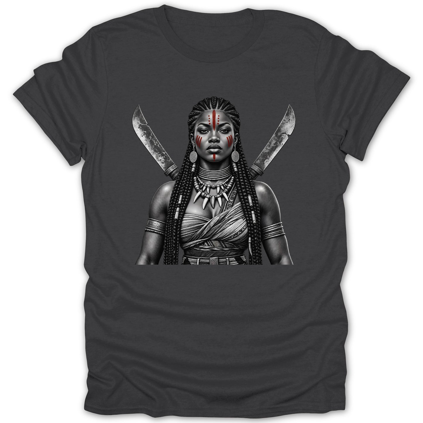 Warrior woman with face paint, braided hair, and crossed swords on a dark t-shirt.