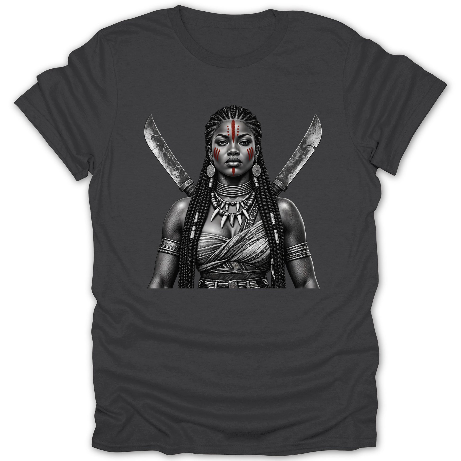 Warrior woman with face paint, braided hair, and crossed swords on a dark t-shirt.