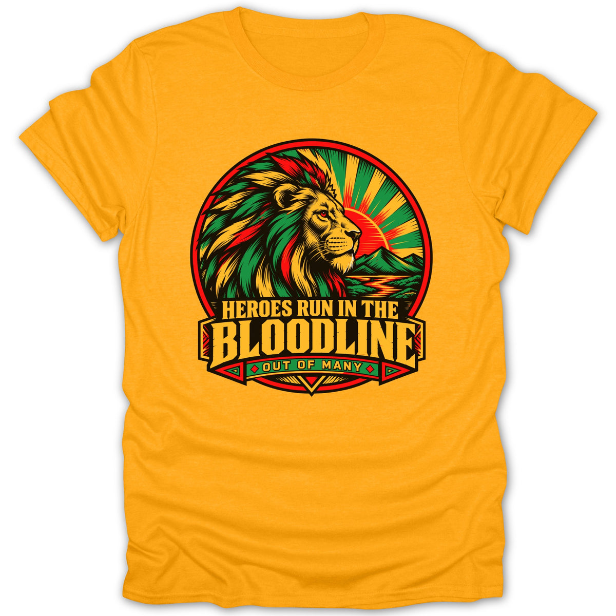 Yellow t-shirt with a lion head graphic and text "HEROES RUN IN THE BLOODLINE".