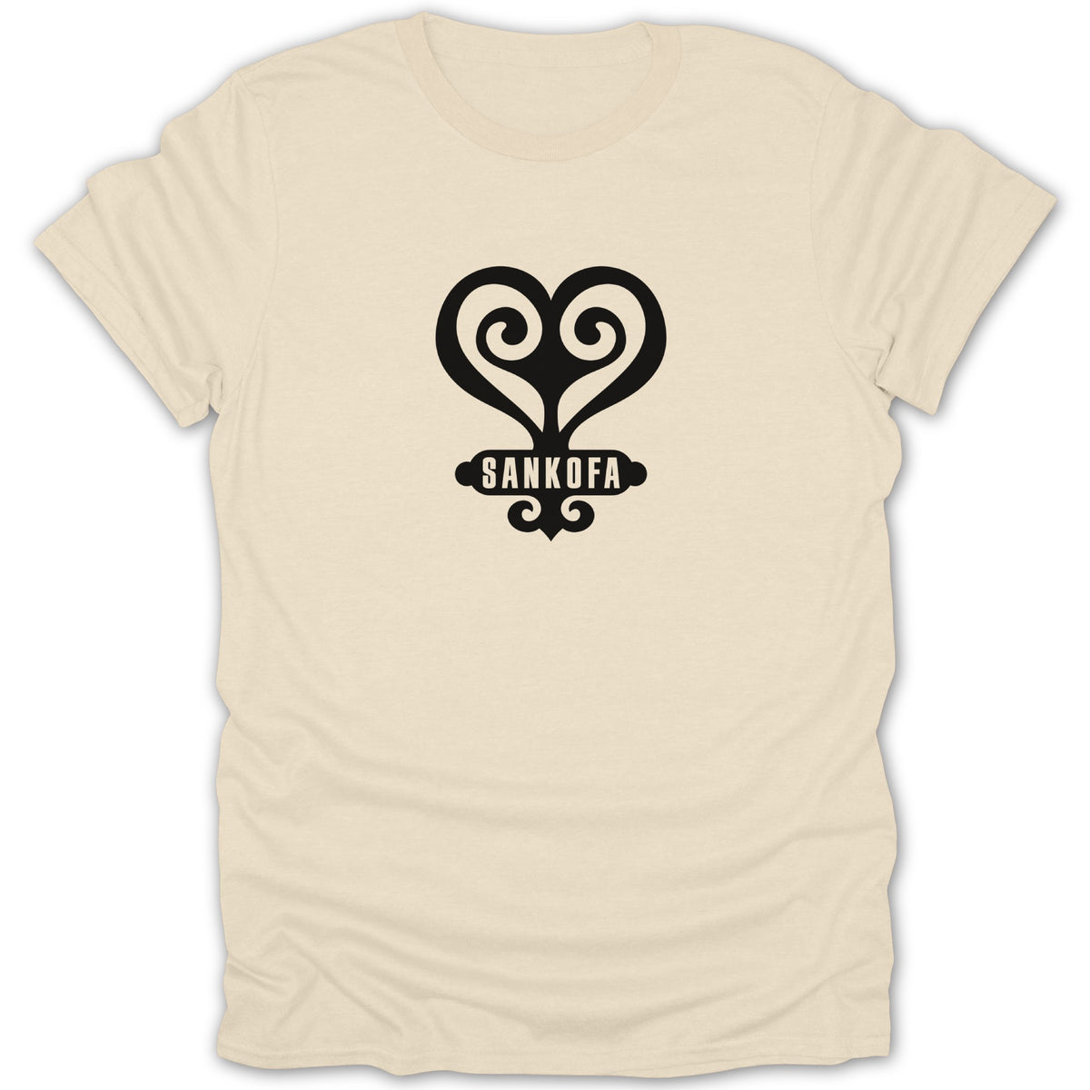 A cream-colored short-sleeved t-shirt featuring a black Sankofa Adinkra symbol centered on the chest.