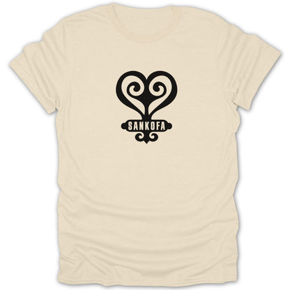 A cream-colored short-sleeved t-shirt featuring a black Sankofa Adinkra symbol centered on the chest.