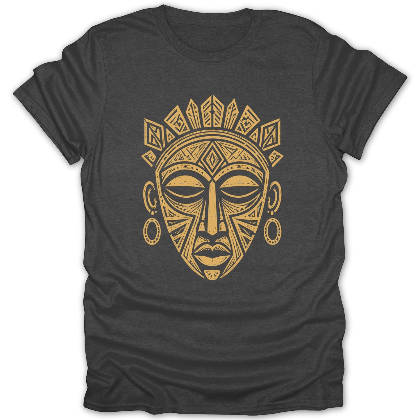 Dark gray t-shirt with a gold tribal mask graphic on the chest.