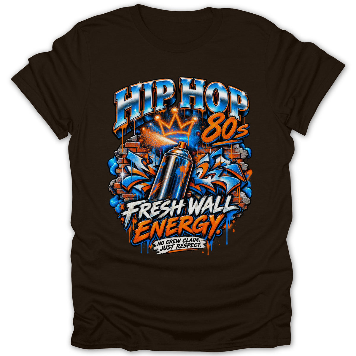 Brown t-shirt with "Hip Hop 80s Fresh Wall Energy" graffiti design.