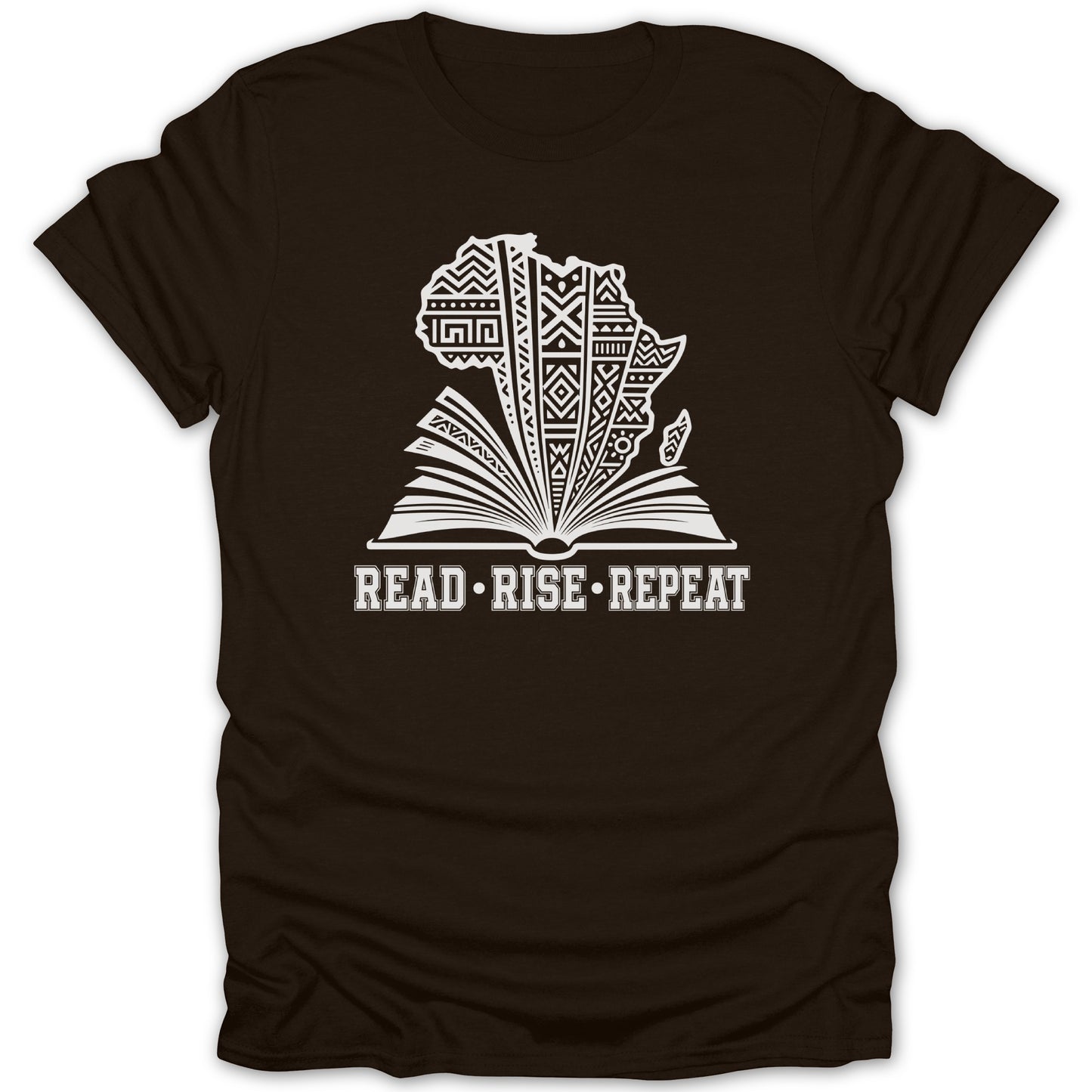 Dark t-shirt with open book featuring Africa map and "READ RISE REPEAT" text.