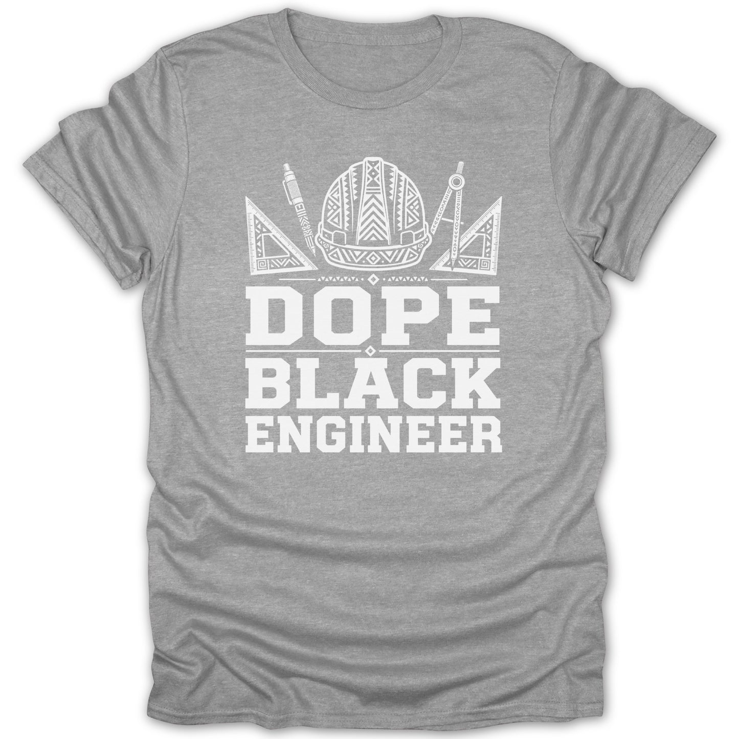 Grey t-shirt with white text "DOPE BLACK ENGINEER" and graphic.
