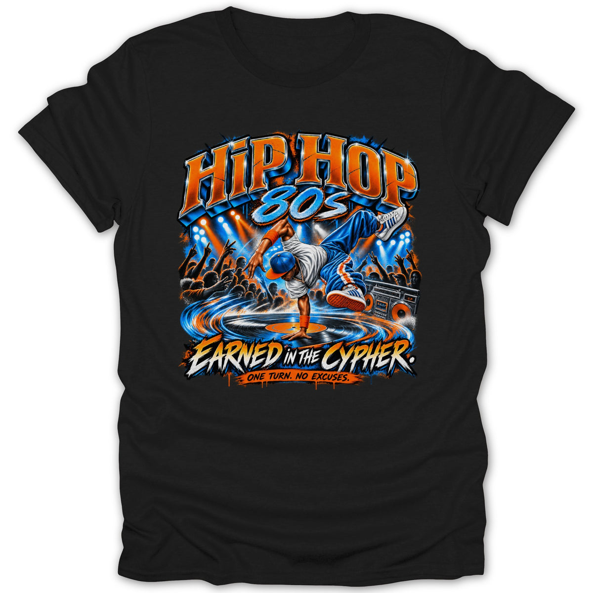 Black t-shirt with 80s hip-hop graphic, breakdancer on a turntable, and text.