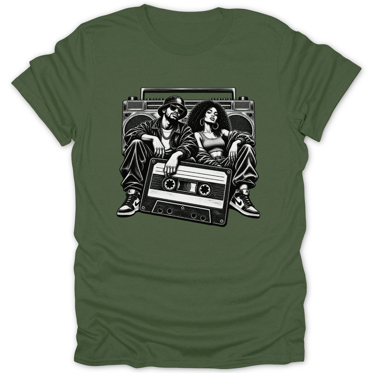 Black and white illustration of a man and woman sitting in front of a boombox with a cassette tape.