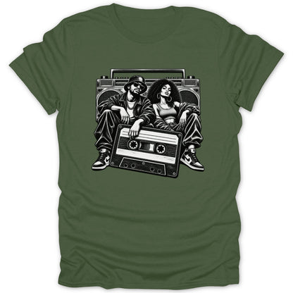 Black and white illustration of a man and woman sitting in front of a boombox with a cassette tape.