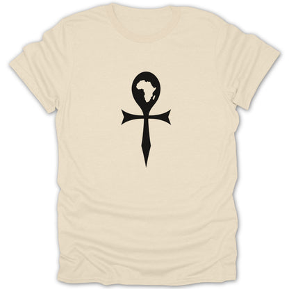 A cream-colored short-sleeved t-shirt featuring a black ankh symbol with the continent of Africa cutout.