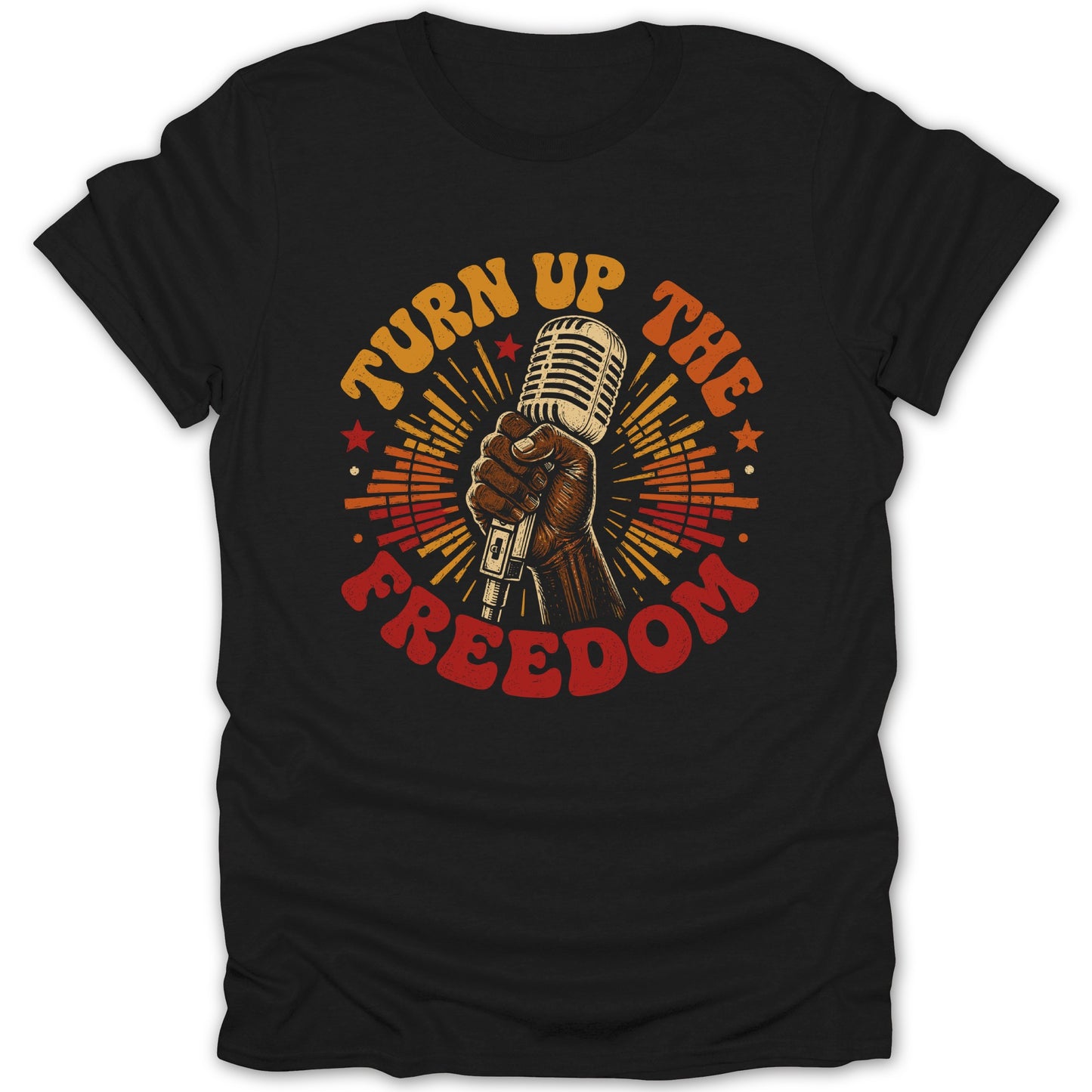 Black t-shirt with "Turn Up The Freedom" text and vintage microphone art.