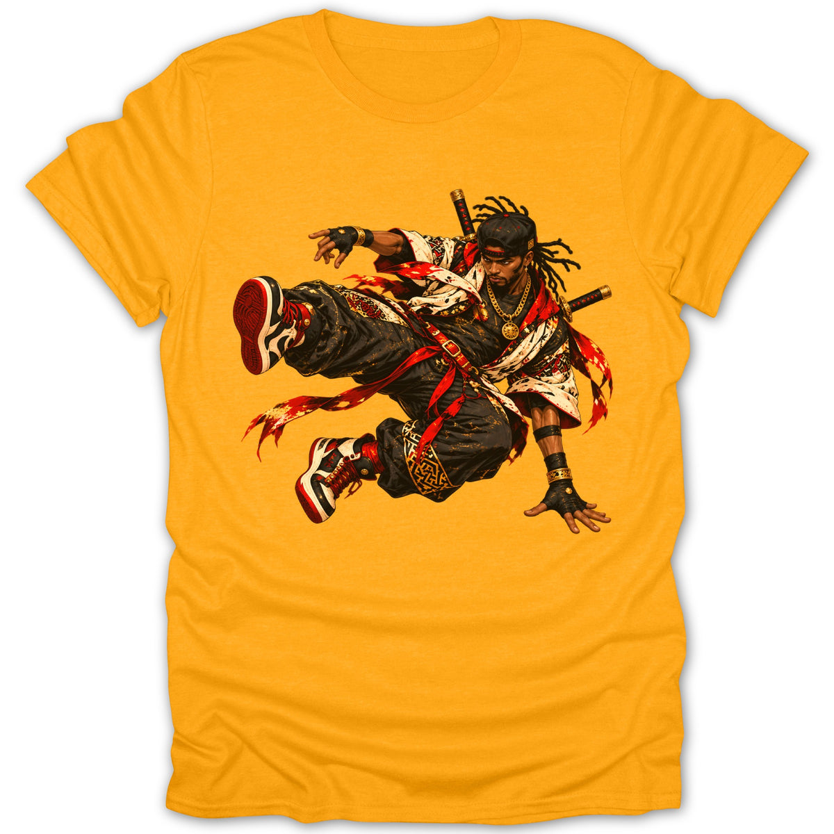 Illustration of a dynamic, leaping figure with dreadlocks, swords, and stylized clothing.