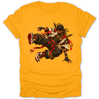 Illustration of a dynamic, leaping figure with dreadlocks, swords, and stylized clothing.